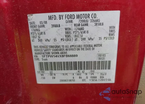2008 Ford F150 60Th Anniversary/Fx4/King Ranch/Lariat/Xlt from USA, damaged, VIN 1FTPW14VX8FB68889